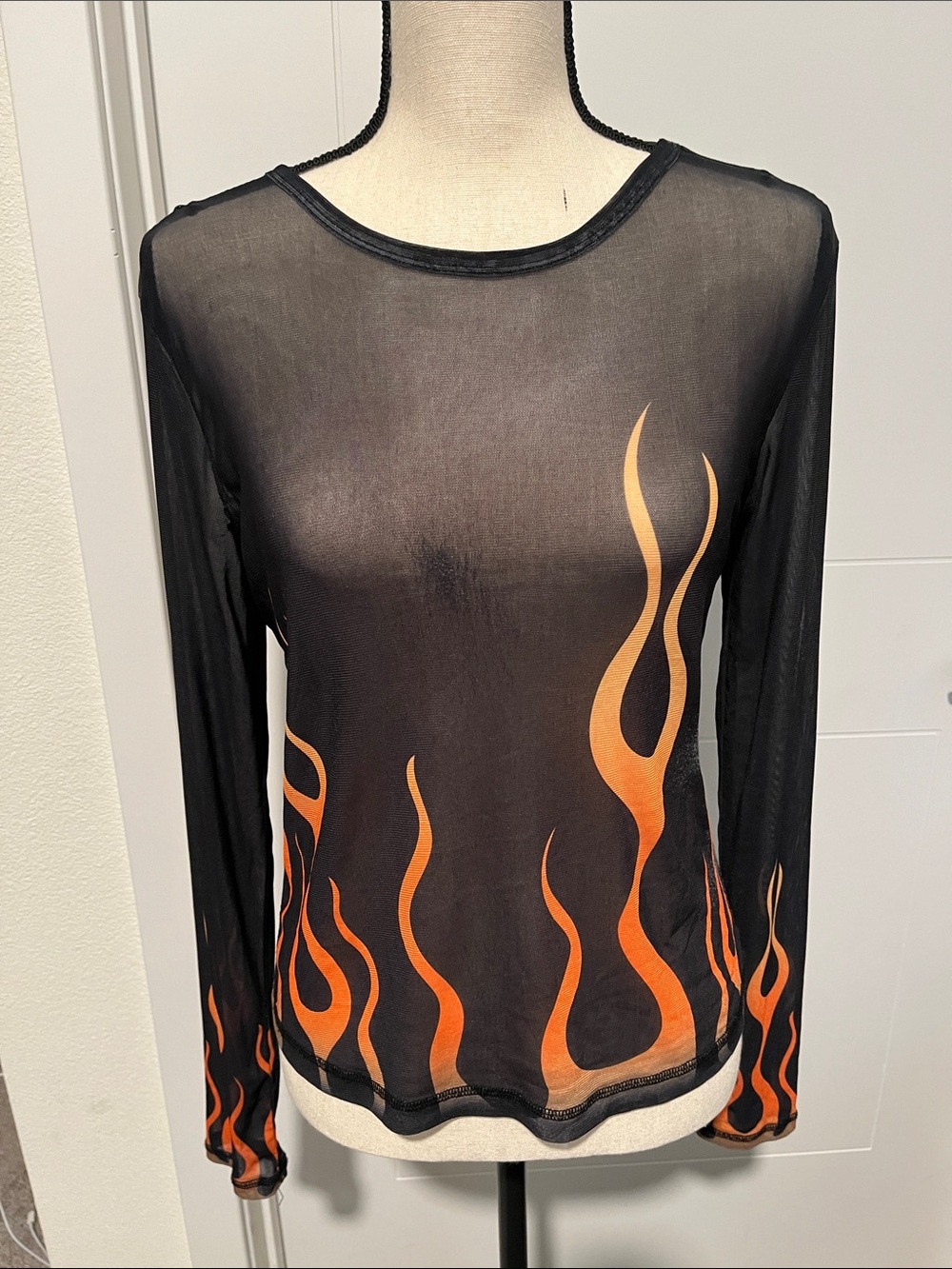 Harley Davidson Black Mesh Black Orange Long Sleeve Flame Design Sheer Top